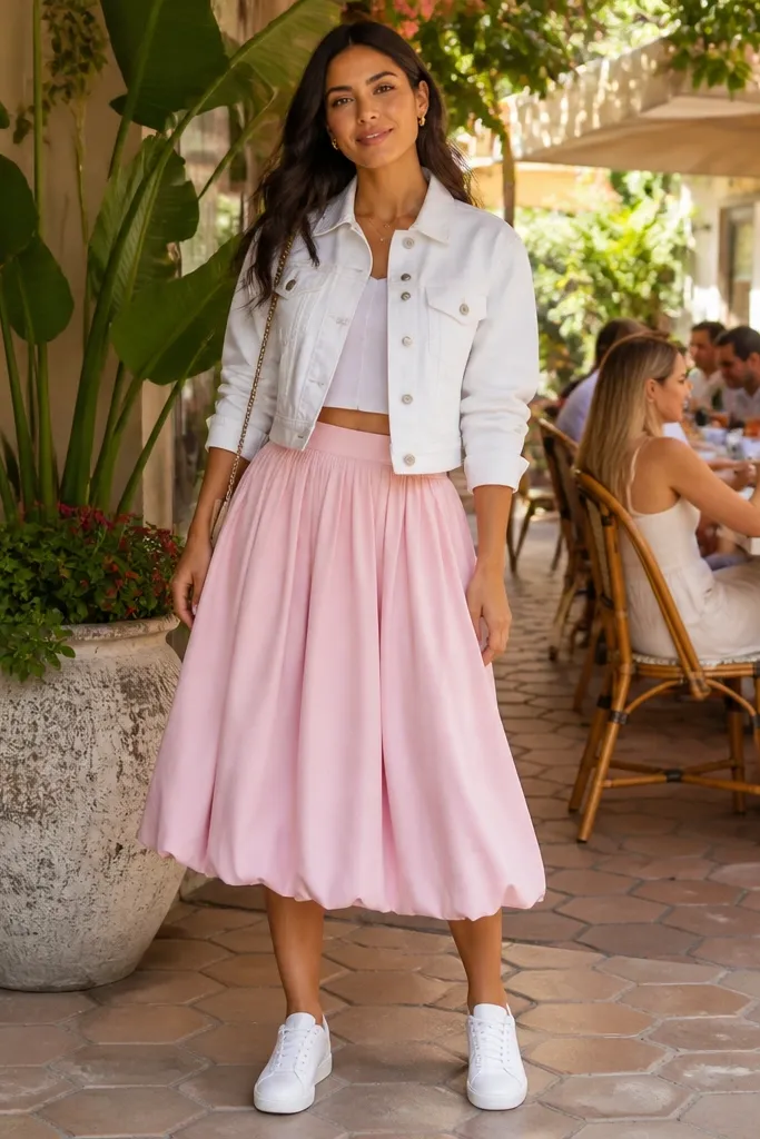 Light pink midi bubble skirt with white cropped denim jacket and white sneakers