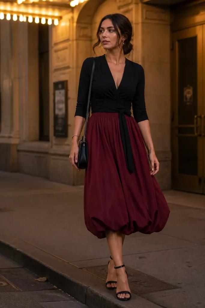 Burgundy midi bubble skirt with black wrap top and heeled strappy sandals