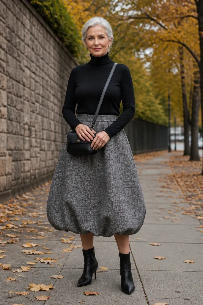 Gray tweed midi bubble skirt with fitted black turtleneck and black ankle boots