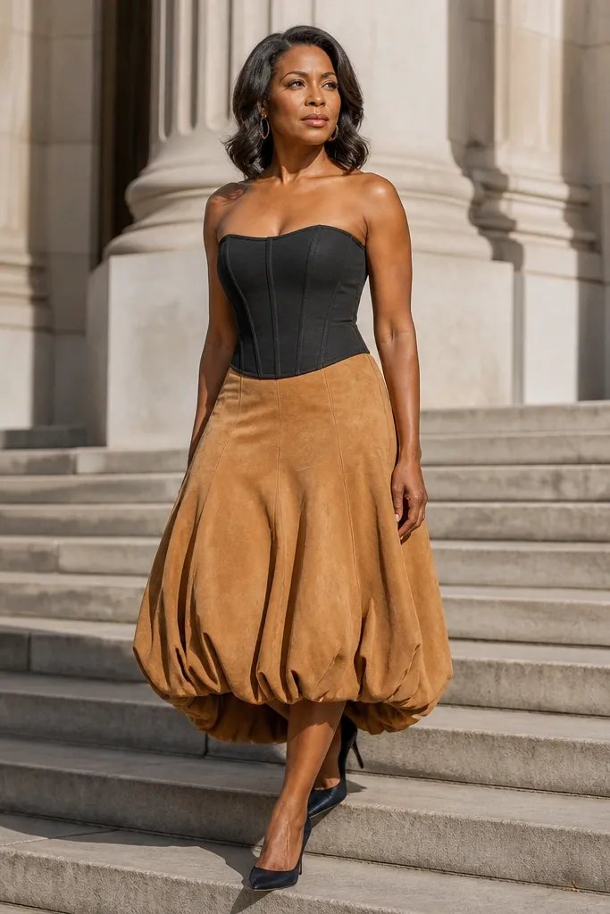 Tan suede midi bubble skirt with black corset-style top and black knee-high boots