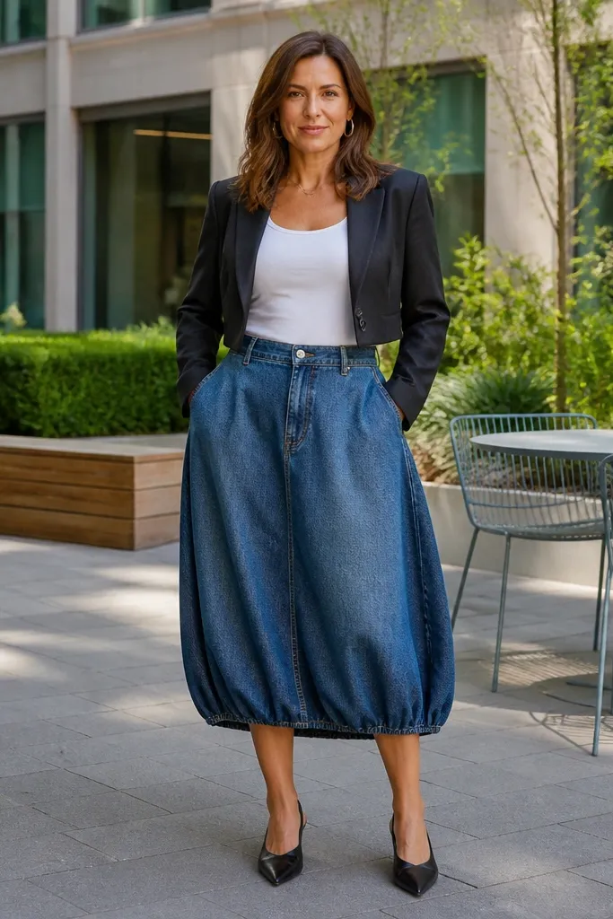Denim midi bubble skirt with fitted white tank and cropped blazer