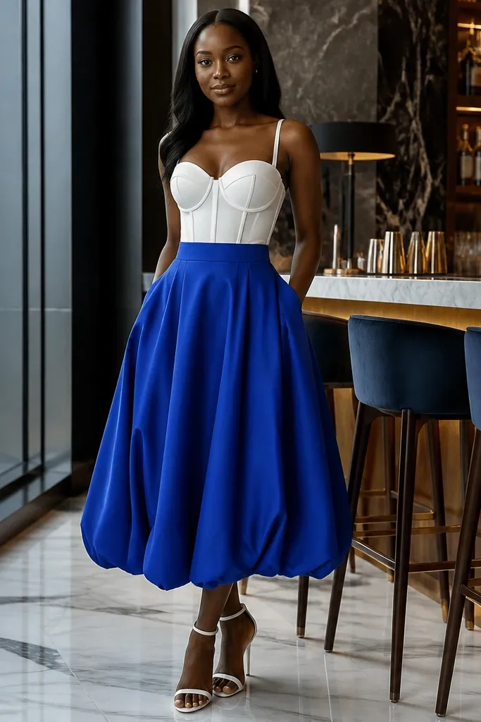 Cobalt midi bubble skirt with white corset top and strappy heels