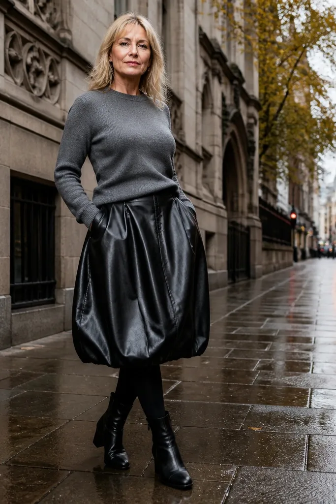 Black leather midi bubble skirt with gray fitted knit sweater and black boots