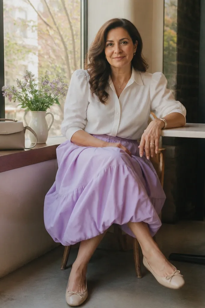 Pastel lilac midi bubble skirt with white puff-sleeve blouse and nude flats