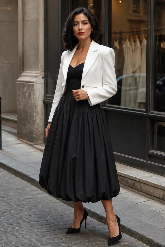 Black midi bubble skirt with white cropped blazer and red lipstick