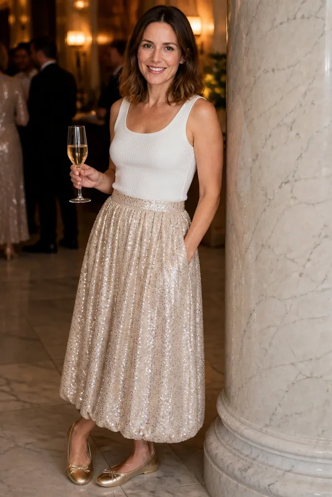 Champagne sequin bubble skirt with white ribbed tank and silver ballet flats