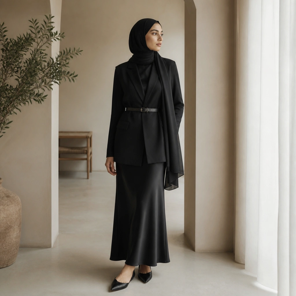 A black vest worn over a black satin slip dress, with a longline black hijab scarf that drapes from the shoulders to the waist; a thin belt is cinched at the vest waist, and the wearer has pointed-toe flats.