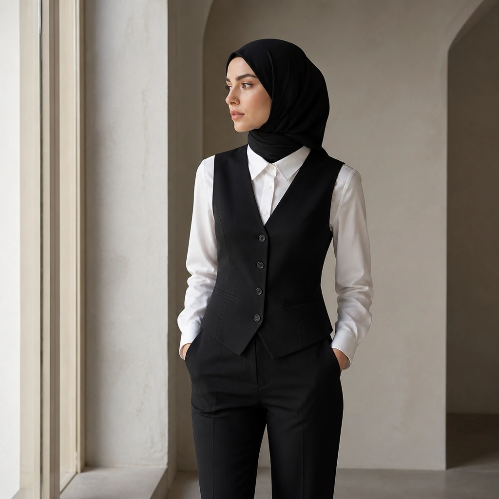 A fitted black tailored vest over a crisp white poplin button-up shirt, with the hijab in solid black jersey; the collar peeks out neatly and the outfit is paired with straight-leg black trousers.
