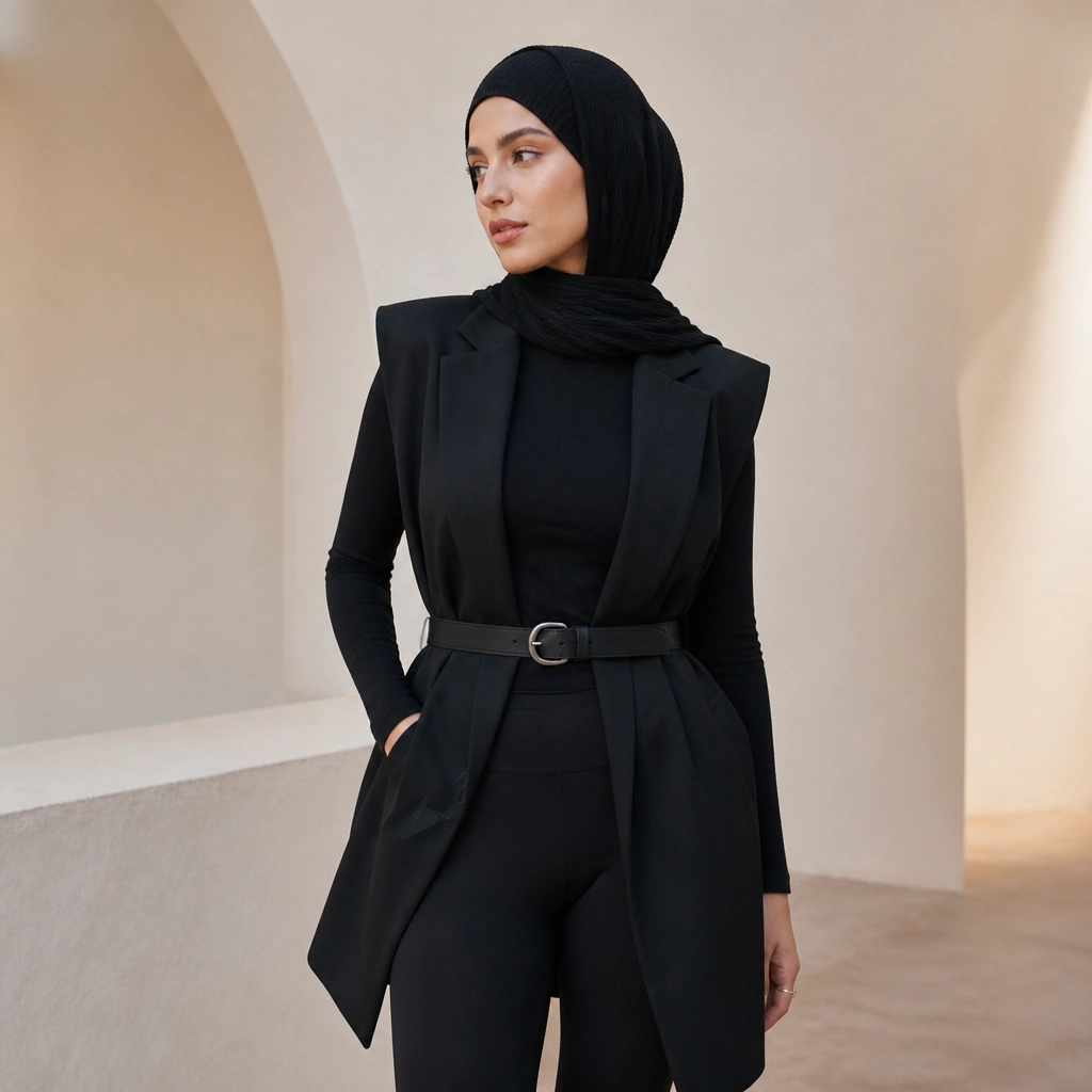 An oversized black vest worn open, cinched at the waist with a medium-width black belt; the hijab is a ribbed knit fabric in black, and the outfit includes high-waist black leggings.