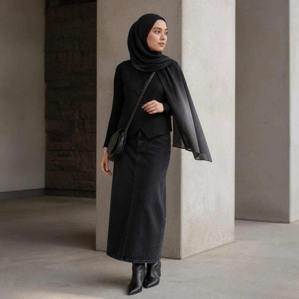 A black vest layered over a dark denim midi skirt, paired with a black hijab that includes a subtle charcoal gradient at the ends; the outfit is finished with a black crossbody bag.