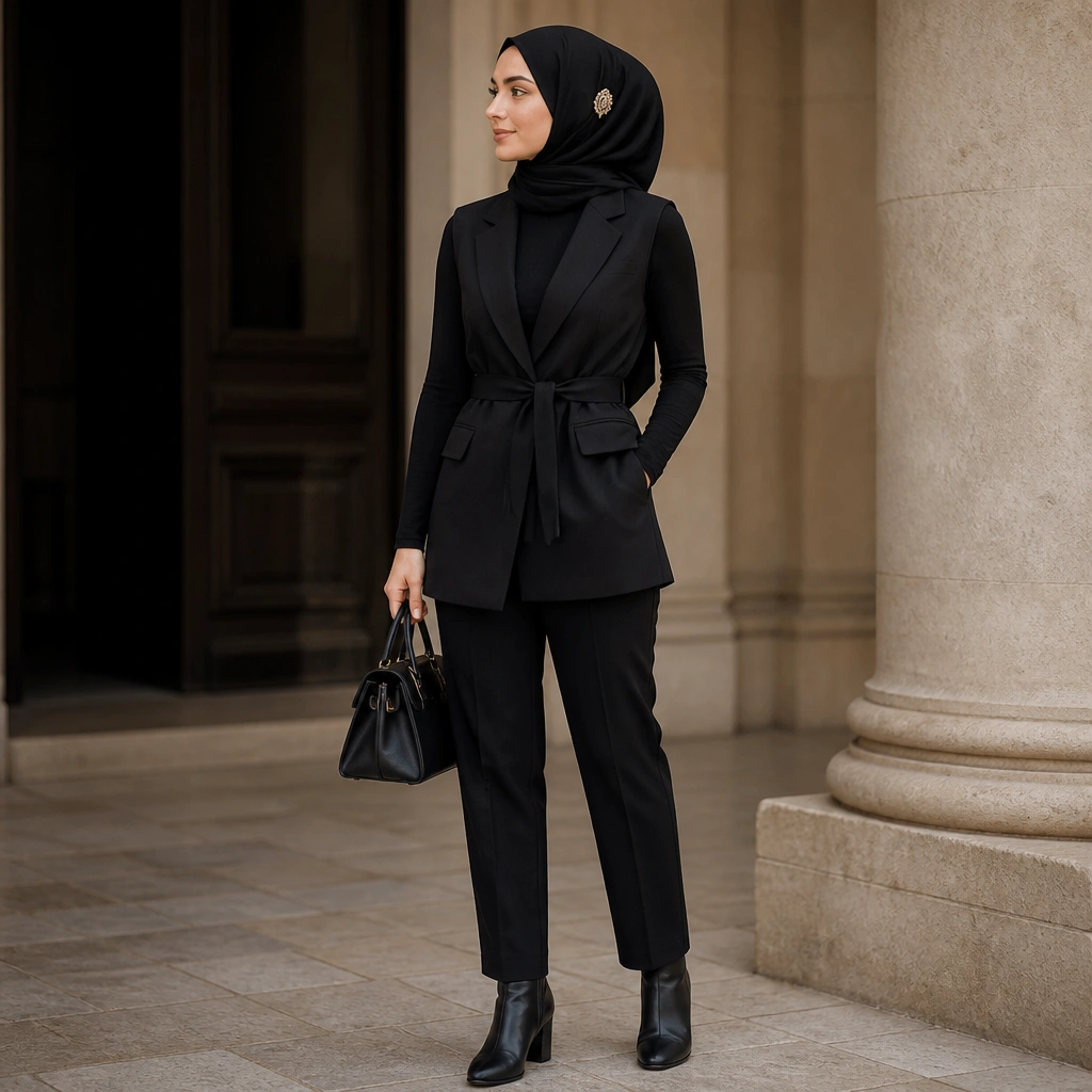 A black vest over a fitted black turtleneck, with a black hijab secured using a gold-thread embellished pin at the side; the wearer holds a structured handbag and wears ankle boots.