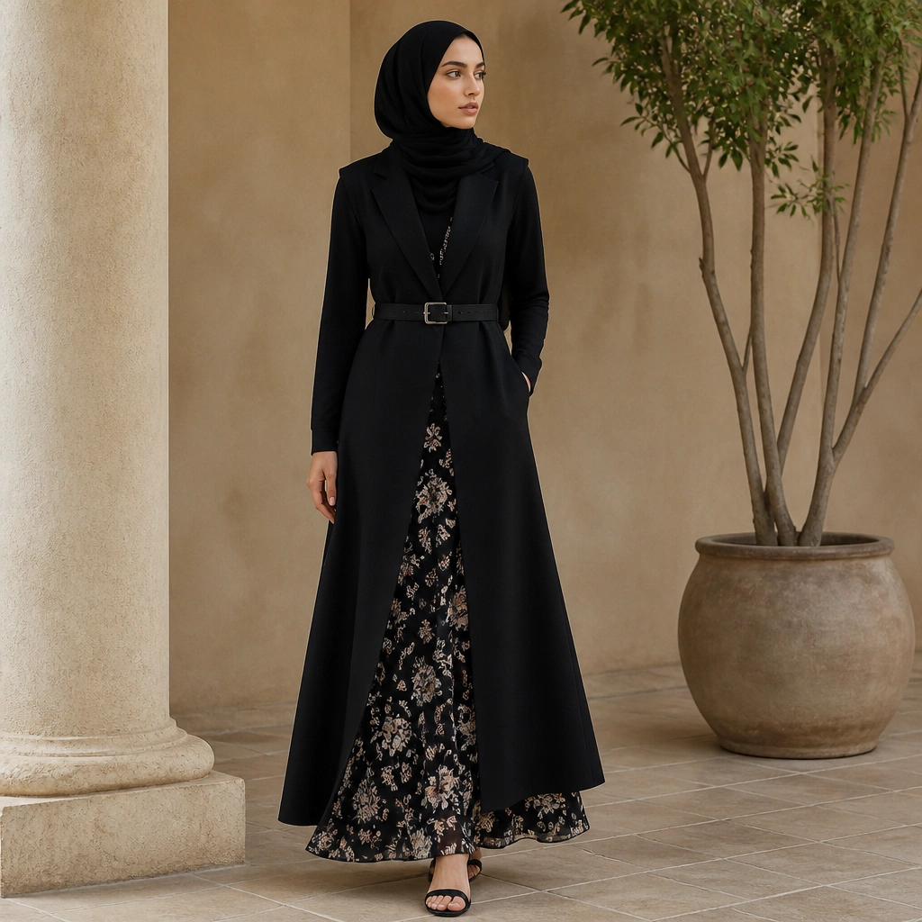 A long black vest worn over a black floral maxi skirt, with a solid black hijab wrapped neatly around the head; the outfit includes a black belt and simple sandals.