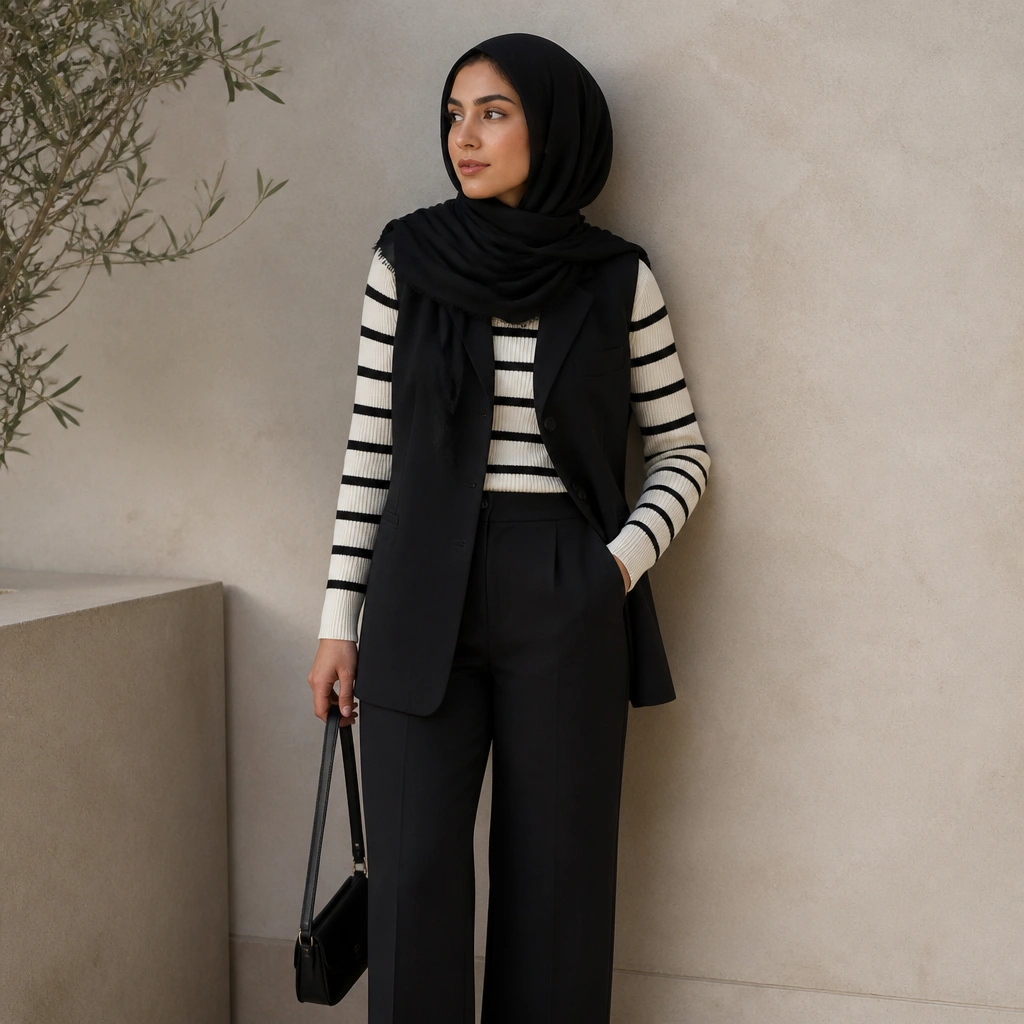 A black vest layered over a black-and-white striped knit top, with a black hijab that has a slightly softer, unpressed edge; the outfit includes straight-leg black trousers.