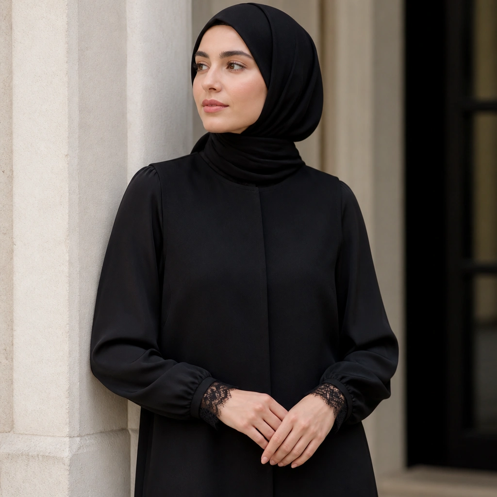 A black vest layered over a black blouse with subtle lace cuffs; the hijab is matte black with a smooth finish, and the vest appears to close with hidden snaps for a clean front line.