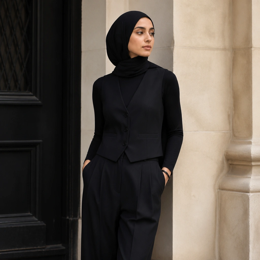 A black vest worn over a fitted black top, paired with pleated black trousers that have visible crease lines; the hijab is lightweight black and drapes close to the neck.