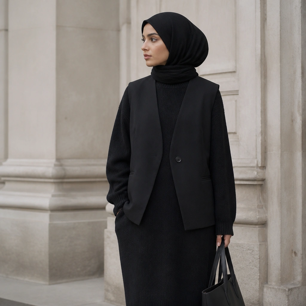 A black vest layered over a black oversized sweater dress with a relaxed fit; the hijab is wrapped in monochrome black with a fabric that looks slightly warmer and thicker than the vest.