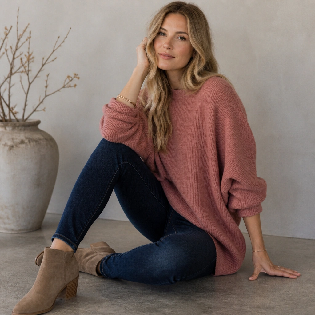 An oversized dusty-rose sweater draped over the hips with sleeves pushed up, worn with dark indigo skinny jeans and ankle boots.