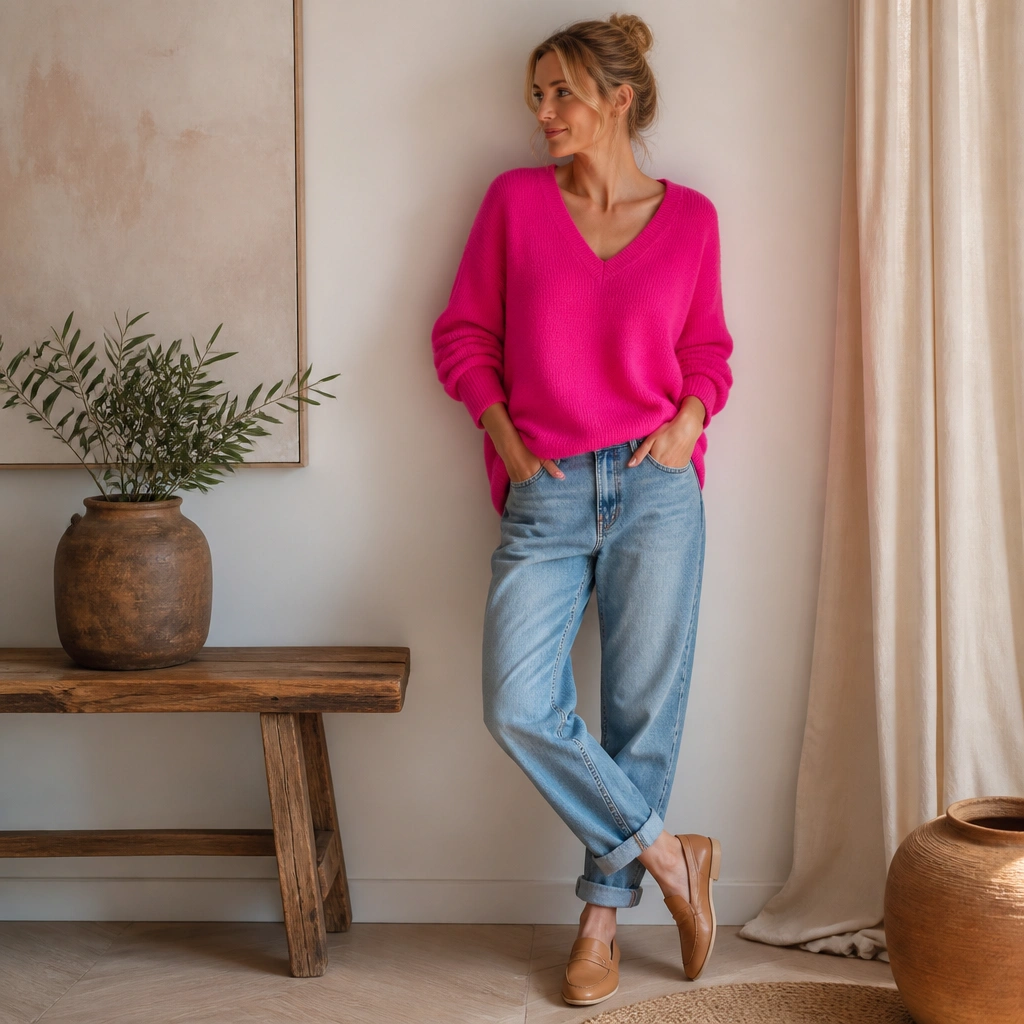 A bright hot pink V-neck sweater paired with medium wash boyfriend jeans, slightly cuffed at the ankle, with tan loafers.