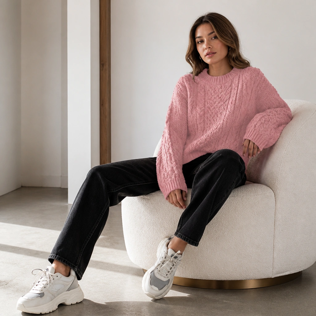 A pink cable-knit sweater with a textured pattern worn with black straight-leg jeans and chunky sneakers.