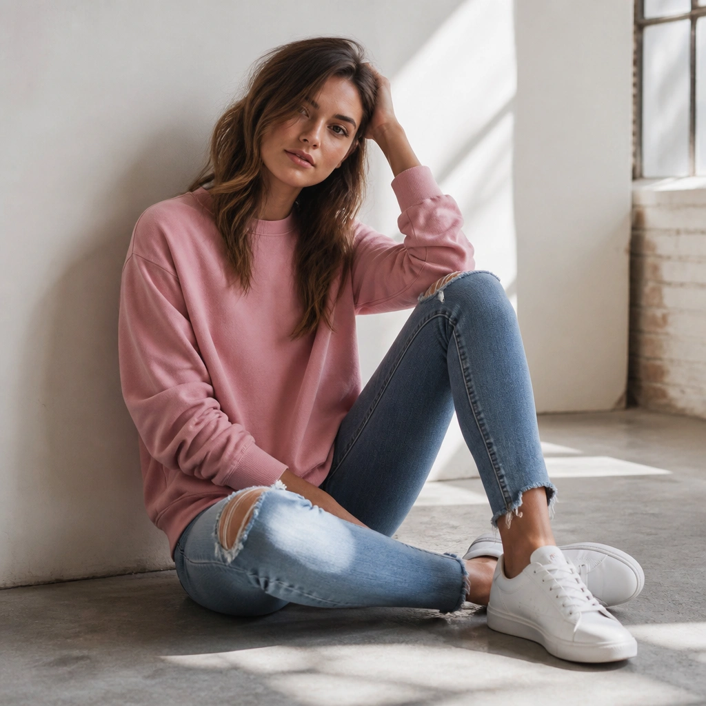 A casual pink sweatshirt-style sweater worn with distressed skinny jeans featuring small rips at the knee; worn with white sneakers.