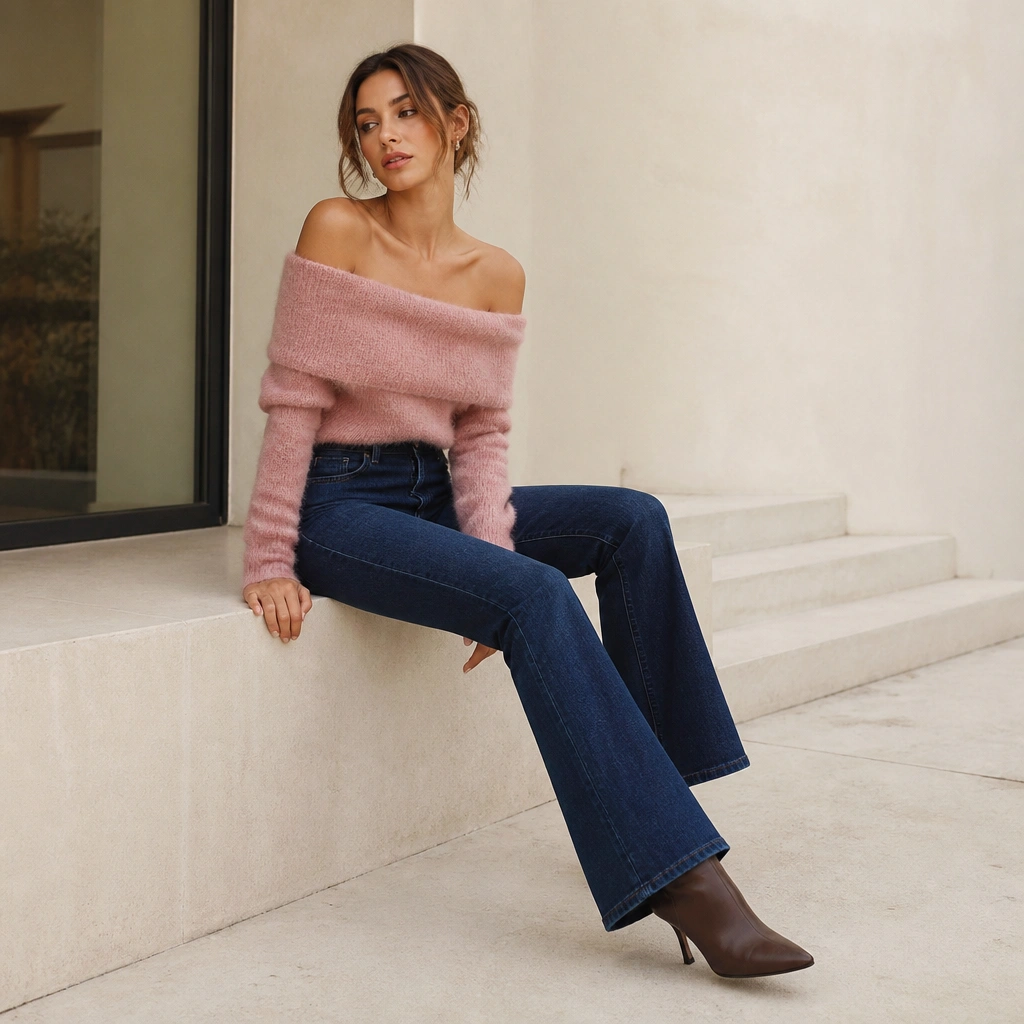 An off-shoulder pink sweater paired with dark wash high-waisted flare jeans, styled with heeled ankle boots.