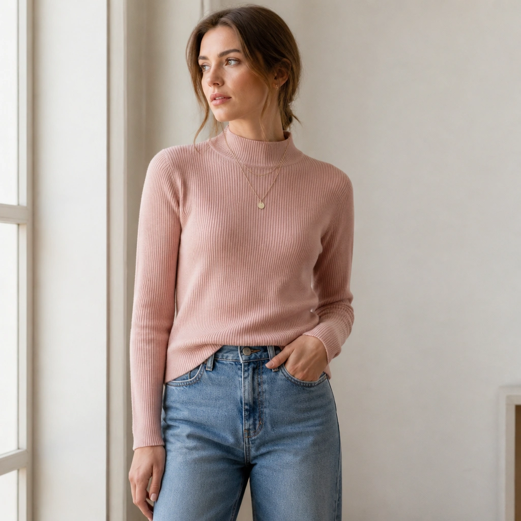 A pink mock-neck sweater with a close-to-neck fit worn with mid-wash relaxed jeans, half-tucked at the front; layered necklace visible.