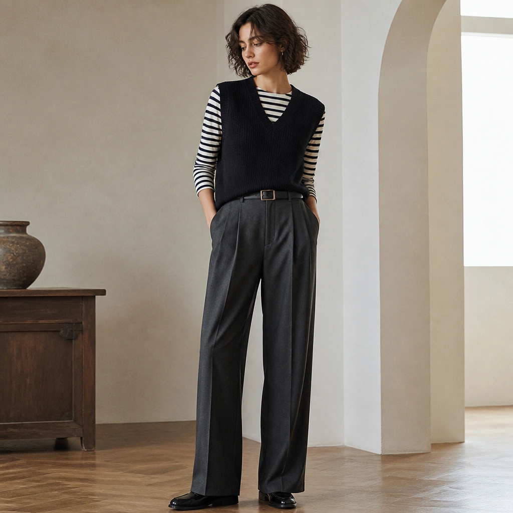 A navy-and-white striped Breton top under a black knitted vest, styled with wide-leg tailored trousers in charcoal. The outfit includes a belt and sleek loafers.