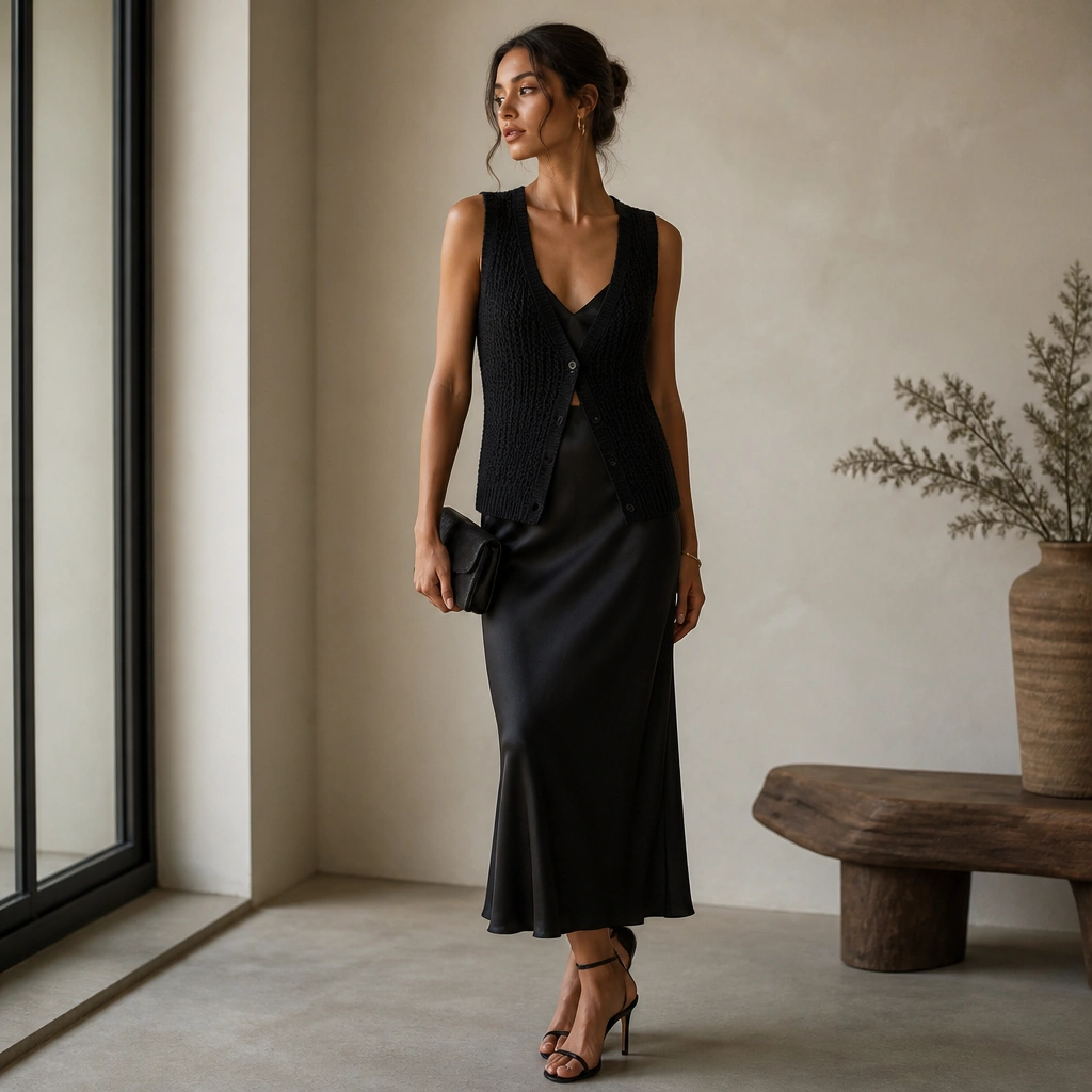 A black knitted vest worn over a black satin slip dress. The vest is slightly open with a V neckline, and the look is finished with strappy heels and a small clutch.
