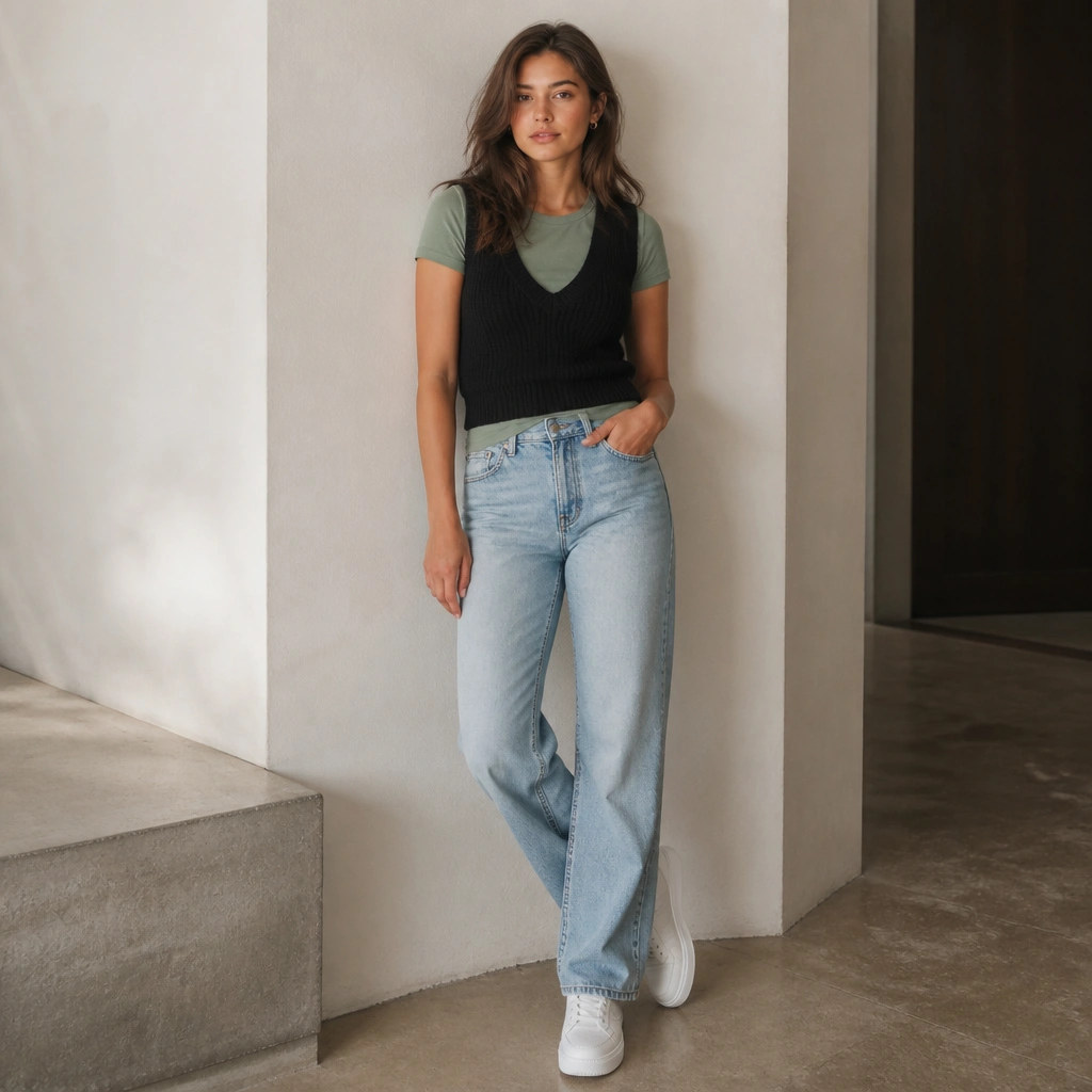 A sage green fitted T-shirt under a black knitted vest, paired with light wash straight-leg jeans and white sneakers. The vest knit is visible and slightly cropped at the waist.