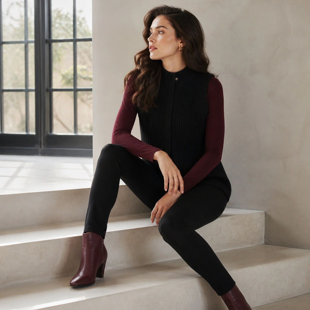 A burgundy long-sleeve top layered under a black knitted vest, with black leggings and burgundy ankle boots. The vest is buttoned at the top for a snug, sleek fit.