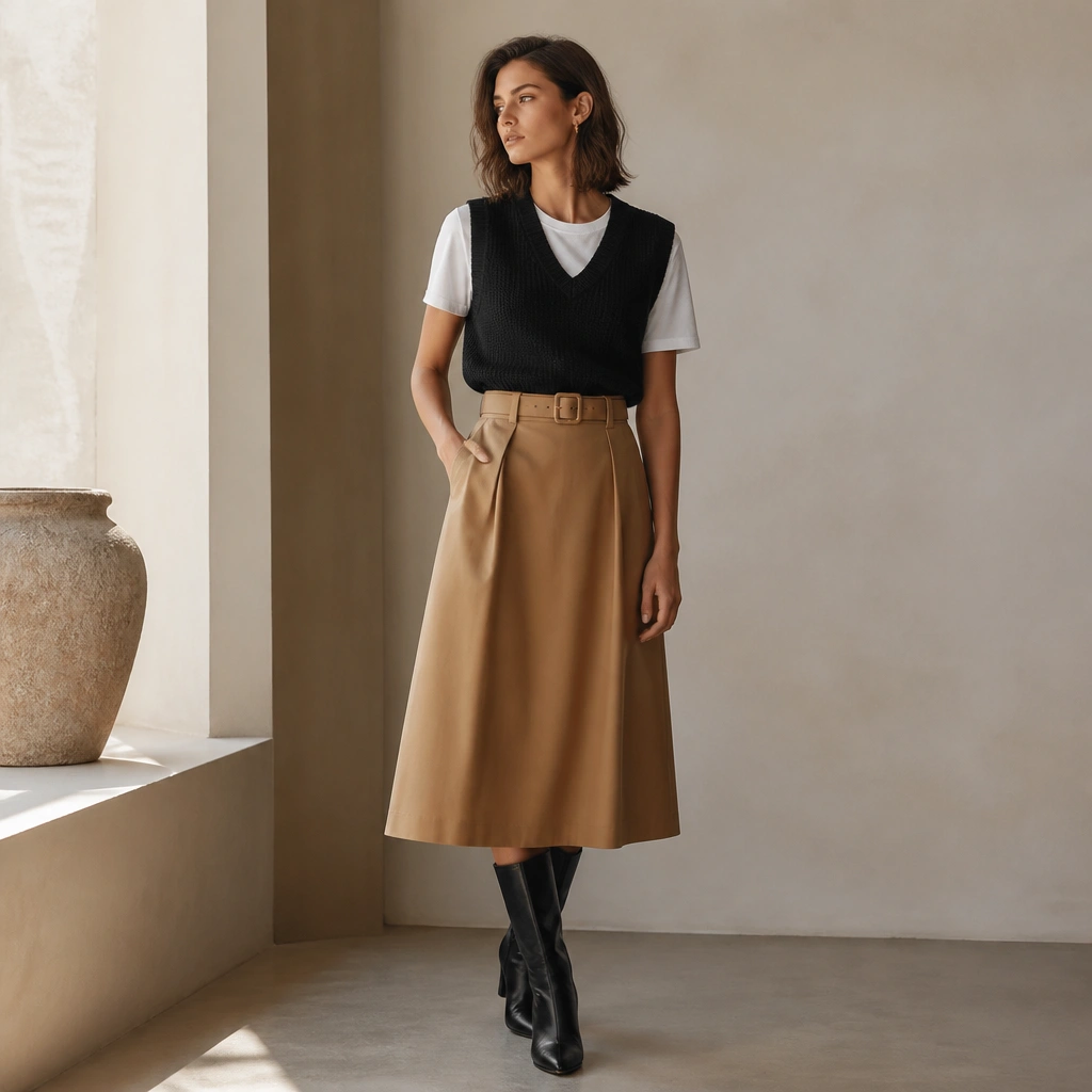 A white graphic tee under a black knitted vest, tucked into a camel/tan belted skirt. The outfit includes a tan belt, black boots, and small hoop earrings.