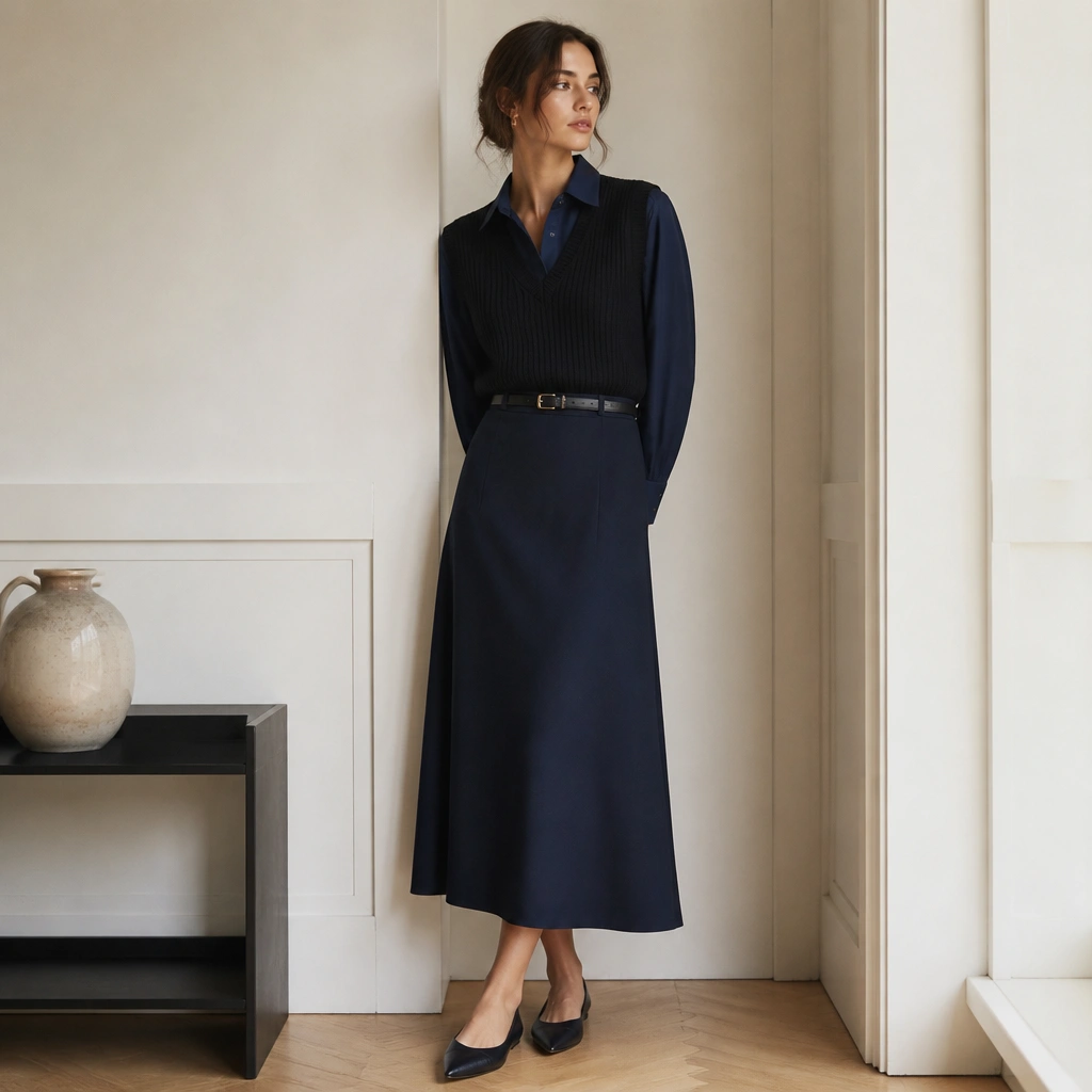 A navy blouse layered under a black knitted vest, with a matching navy midi skirt. The outfit includes a thin belt and pointed flats.