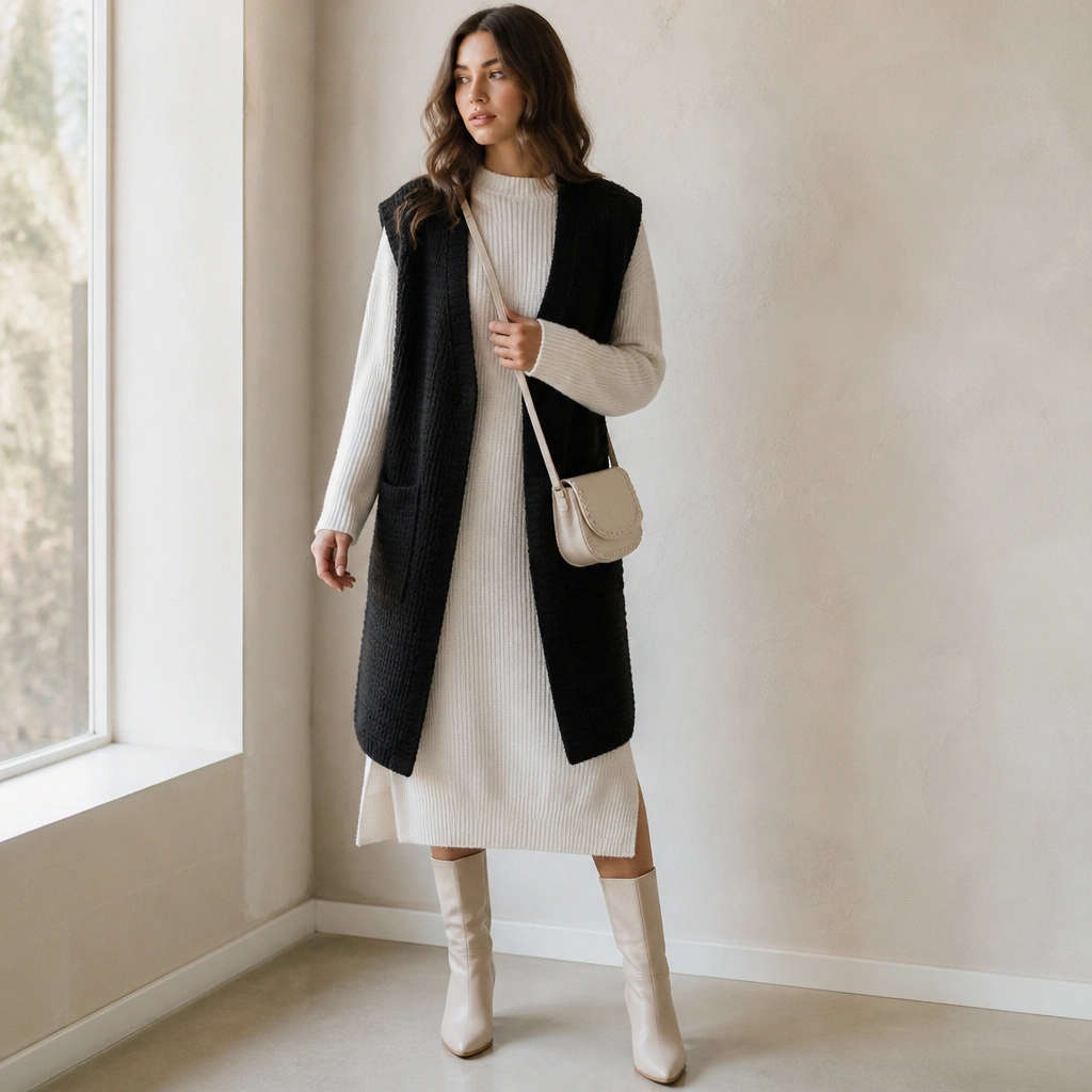 A white sweater dress layered under a black knitted vest worn open. The outfit includes cream boots and a crossbody bag, with the vest knit texture clearly visible.