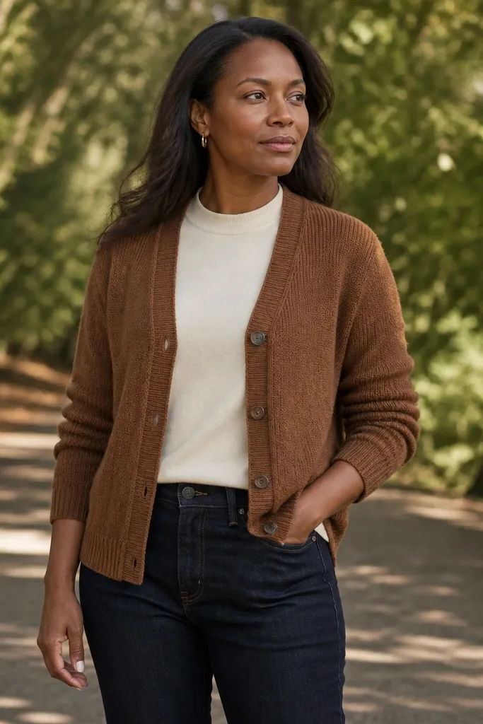 Brown cardigan over a cream tee with dark jeans and tan suede chukkas