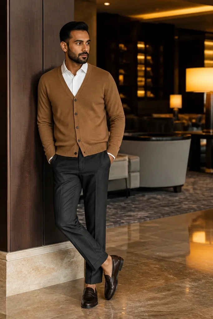 Camel cardigan over a white oxford shirt with charcoal tailored pants