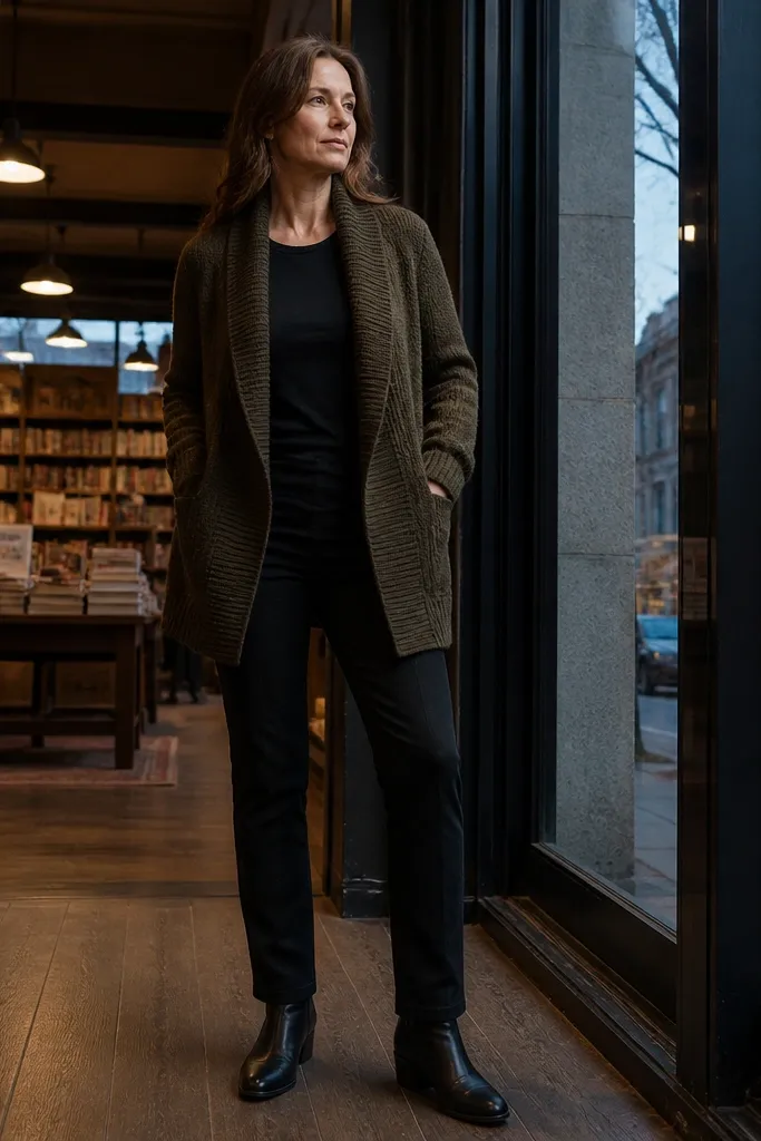Olive brown cardigan over a black tee with straight black jeans and dark sneakers