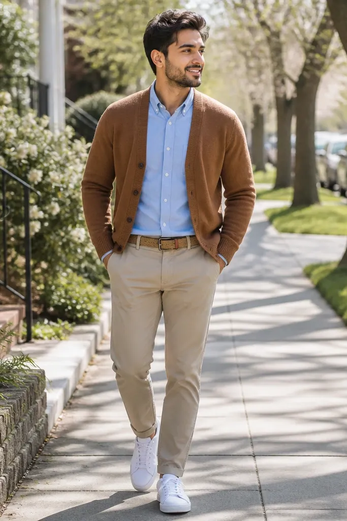 Brown cardigan over a light blue shirt with khaki chinos and brown loafers