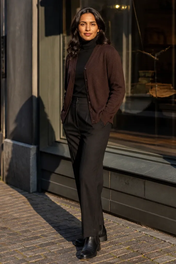 Chocolate brown cardigan over a black turtleneck with black Chelsea boots