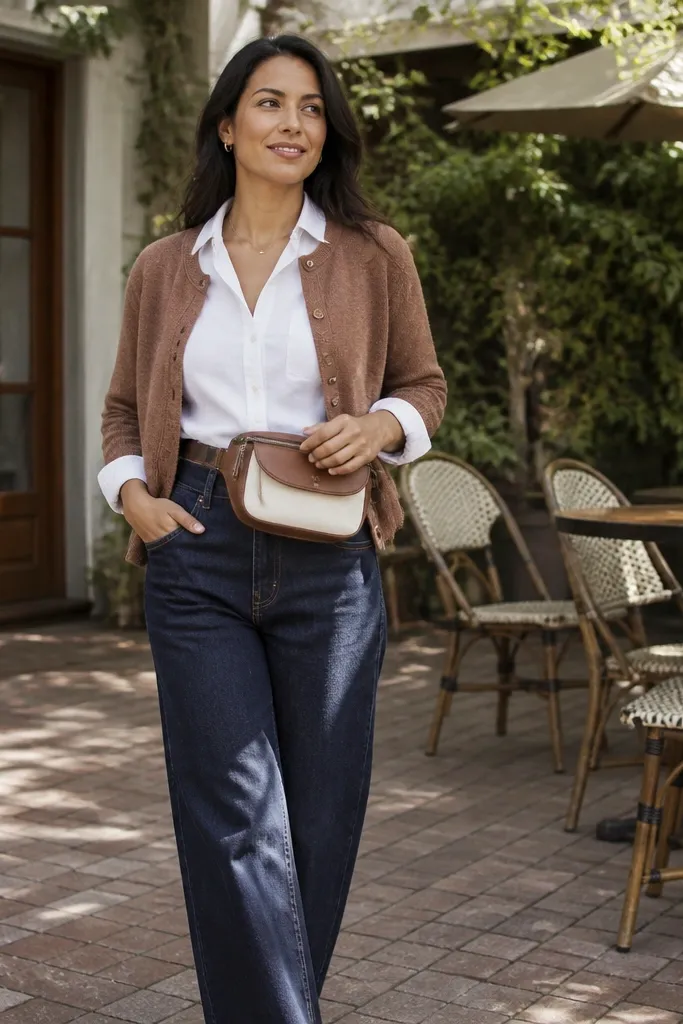Brown cardigan over a white button-down with a tan belt bag and dark jeans