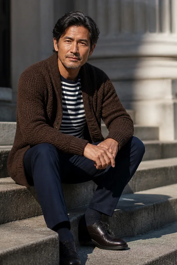 Brown textured cardigan over a striped tee with navy trousers and leather shoes