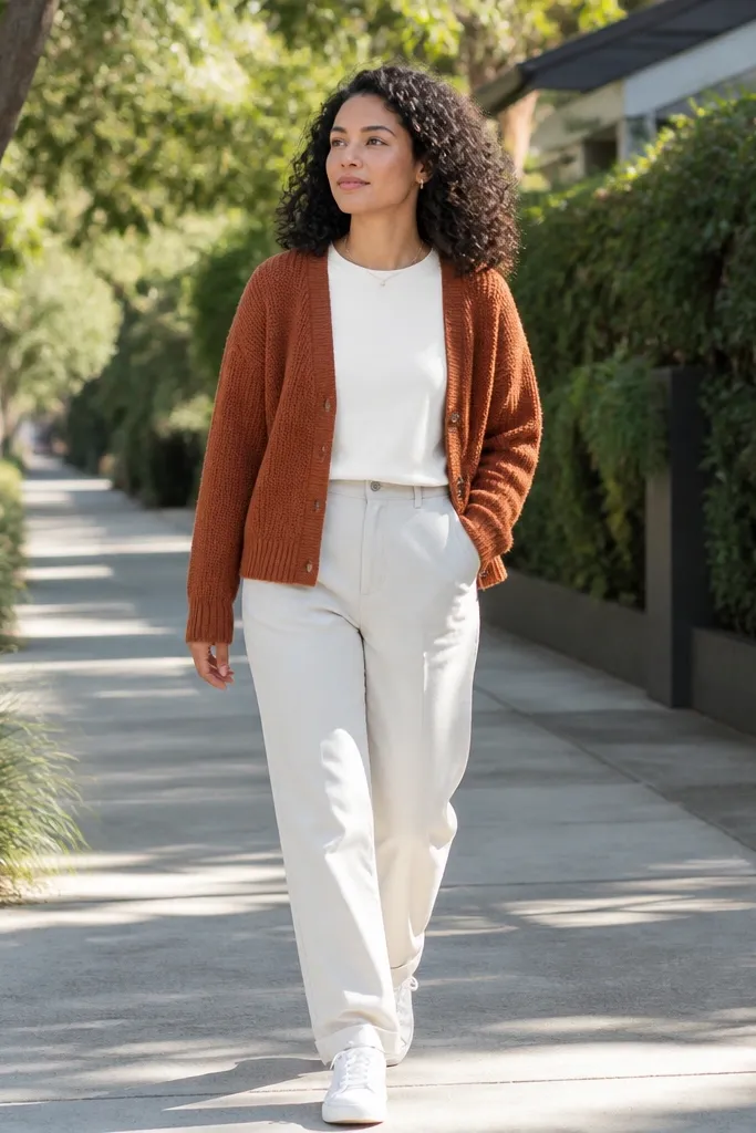 Rust-brown cardigan over an off-white top with off-white chinos and white sneakers