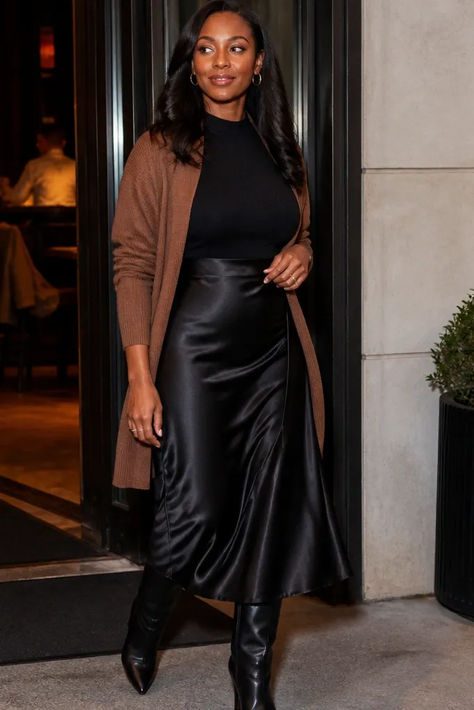 Brown cardigan over a black top with a satin skirt and knee boots