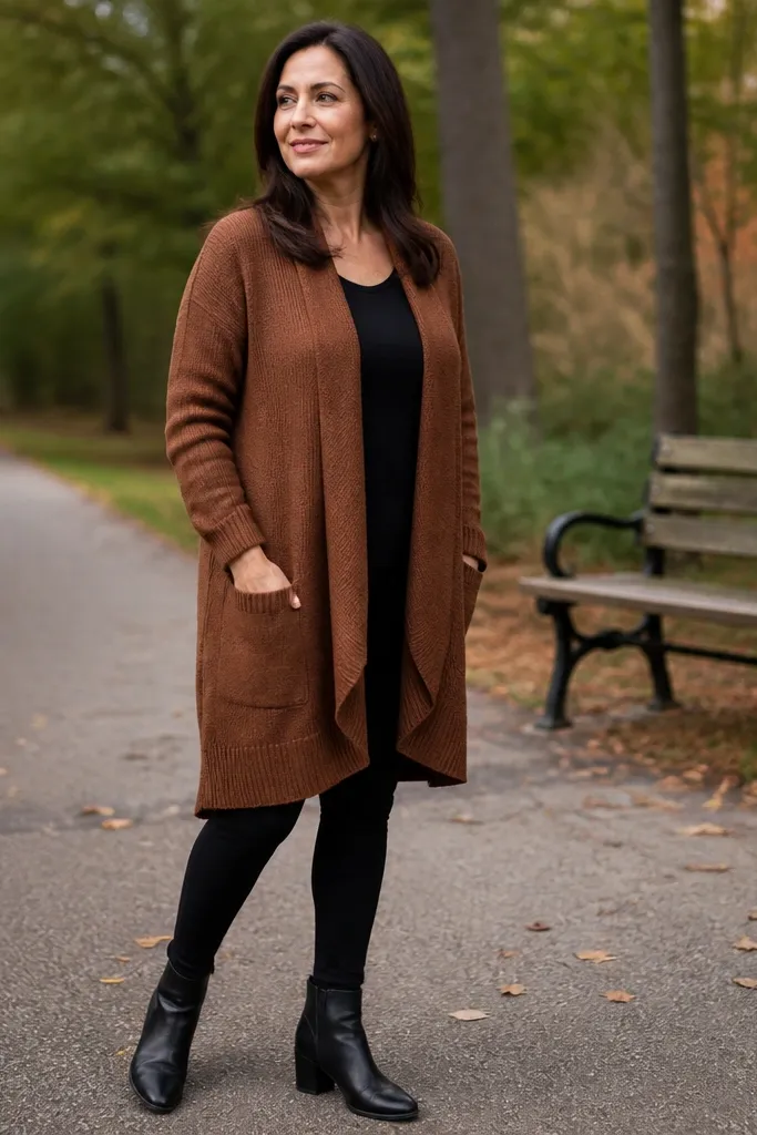 Brown cardigan worn open over black leggings with ankle boots