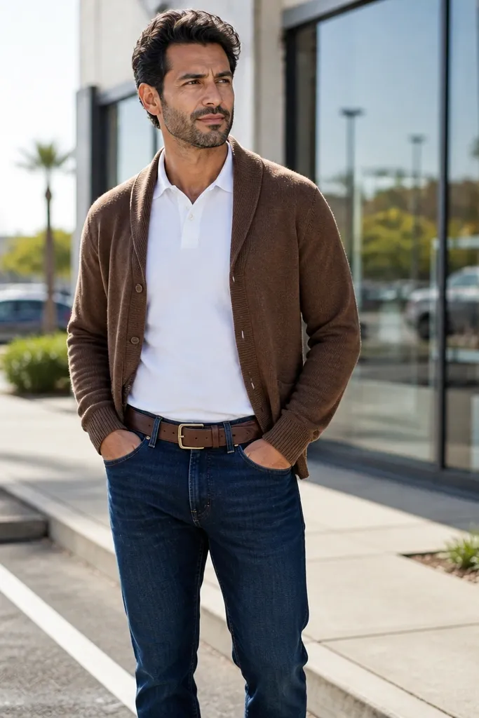 Brown cardigan over a white polo with navy jeans and a brown belt