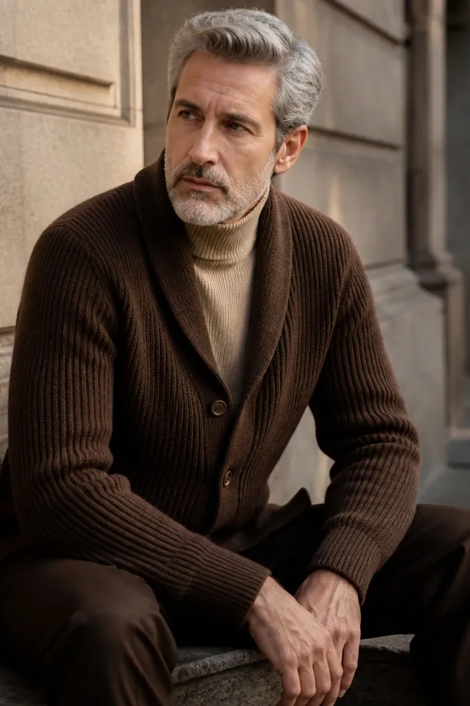 Ribbed brown cardigan over a beige turtleneck with dark brown trousers