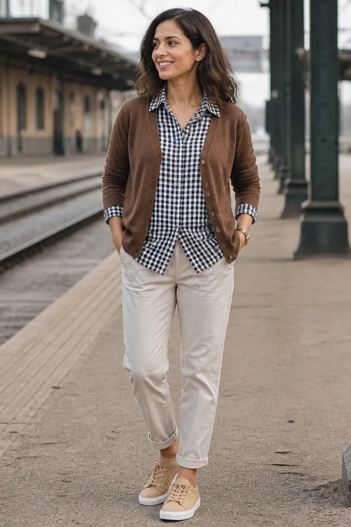 Brown cardigan over a gingham shirt with cream chinos and tan shoes