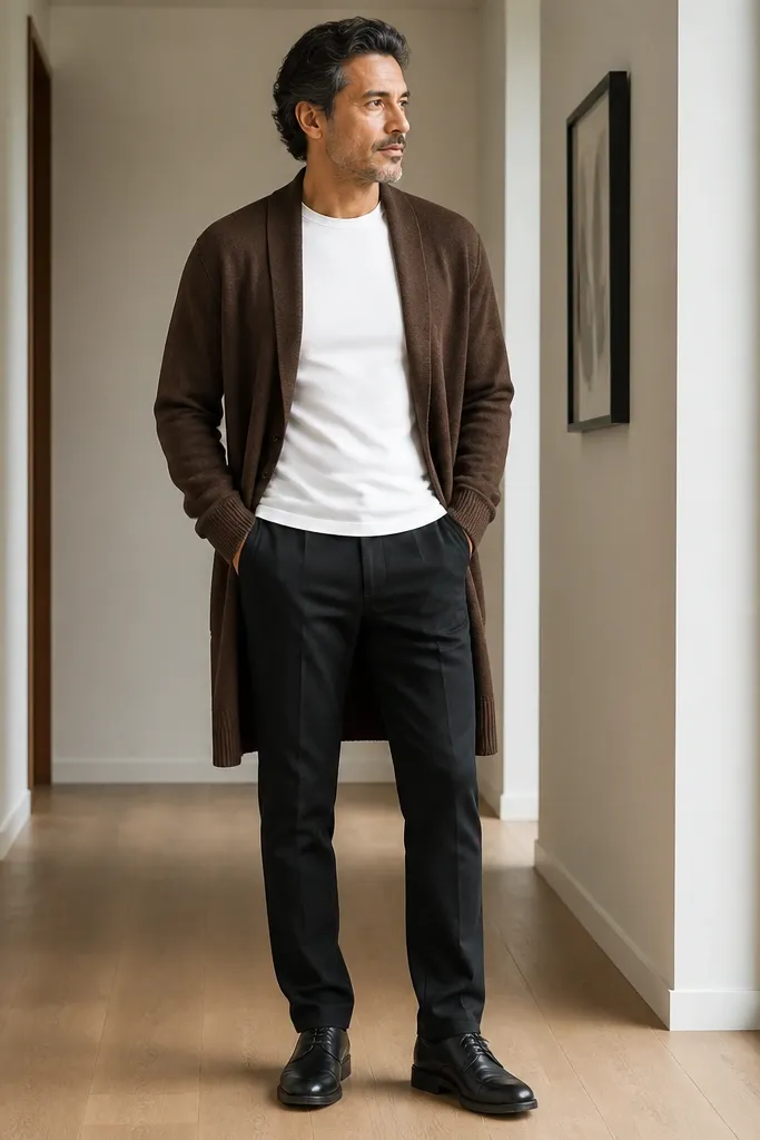Long brown cardigan over a white tee with black trousers and black loafers