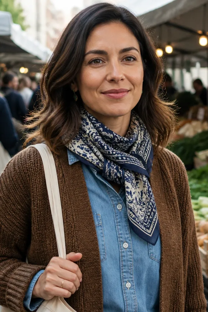 Brown cardigan over a denim shirt with a patterned scarf and boots