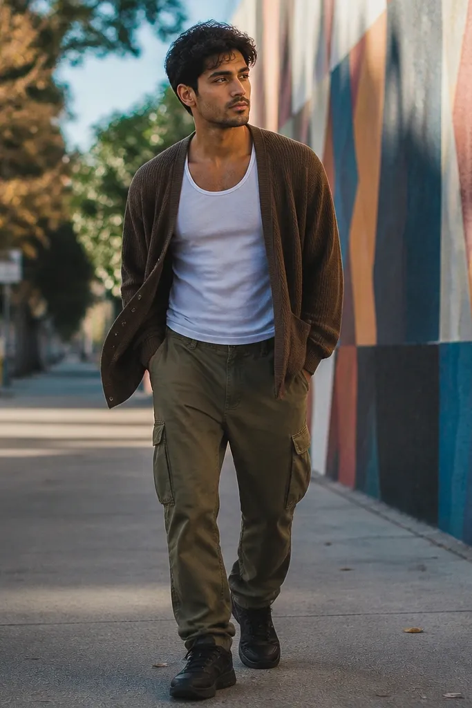 Brown cardigan over a white tank with olive cargo pants and brown boots