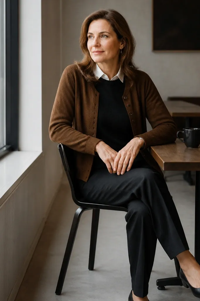 Brown cardigan worn over a black crewneck with a visible shirt collar